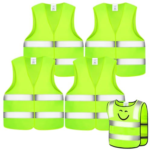PAMIYO Warnweste Kinder 5PCS, Reflektorweste in Warnweste Fahrrad Kind von(XL) Weste Neongelb reflektierend für eine bessere Sichtbarkeit im Straßenverkehr mit angesagtem Lächeln Motiv
