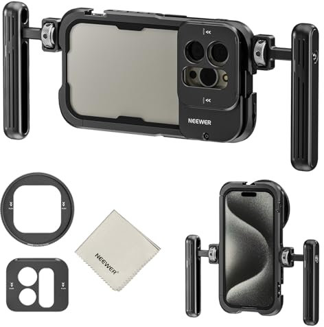 NEEWER 15 Pro Gabbia Video per iPhone con Doppia Maniglia, Adattatore Filtri 67mm a Sgancio Rapido, Backplane Obiettivo 17mm, Panno a Pulizia, Smartphone Video Rig Stabilizzatore per Video, PA023K