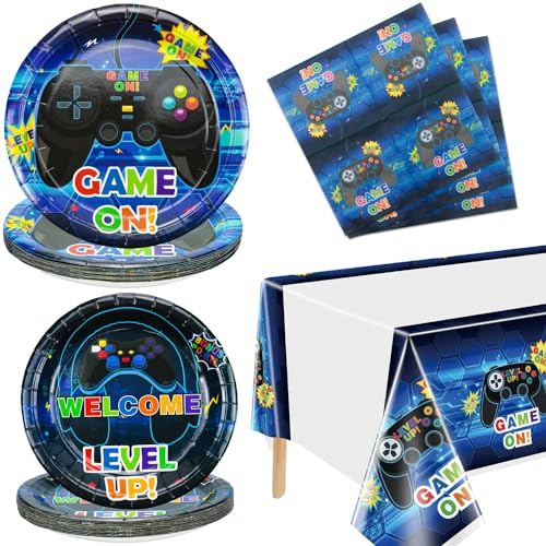 Fournitures de fête pour jeux vidéo Serve 20 - 61Pcs Assiettes Serviettes Nappes pour garçons Gamer Gaming Controller Party Supplies