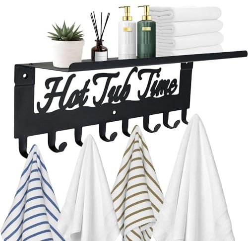 IBosins Towel Rack for Hot Tub with Shelf Bathroom Towel Holder 8 Hooks Towel Hanger Wall Mounted for Robes, Clothes, Towels - Hot Tub Accessories Outdoor