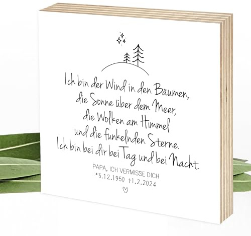 Wunderpixel® Holzbild Ich bin der Wind - personalisiert - Andenken an Verstorbene - 15x15x2cm zum Hinstellen/Aufhängen, Foto mit Spruch auf Holz - Wand-Bild Aufsteller - Erinnerung Trost-spender