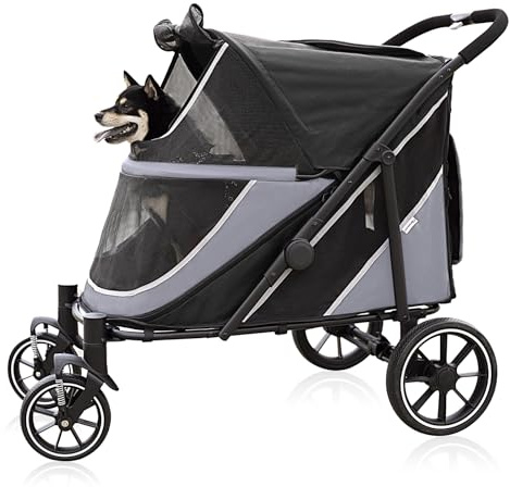 Dog Stroller for Medium/Large Dogs One-Click Folding, Extra Large Pet Stroller for 2 Dogs with Storage Pocket & Shock Absorption, Up to 130 lbs, Grey