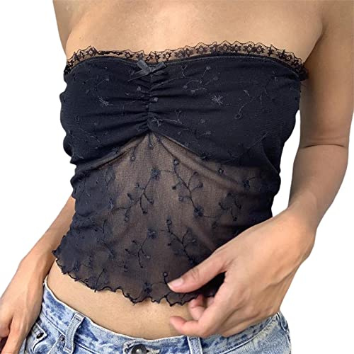 Yassiglia Sexy Lace Tube Top Sommer Elegant Bandeau Top Y2K Ärmellose Schulterfrei Crop Top Trägerlose Spitzen Patchwork Oberteile (Schwarz-C, S)