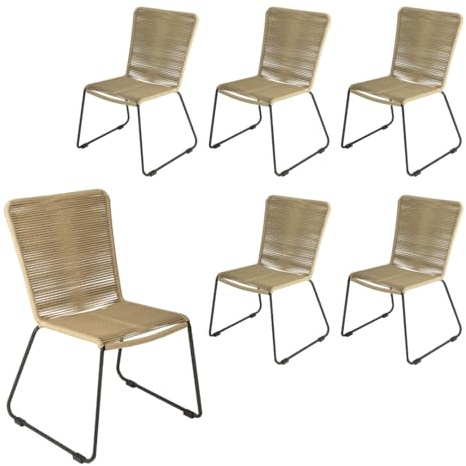 Loreno 6er Set Outdoor Seilstuhl ISRA, Taupe, stapelbare Gartenstühle | Seilbespannung aus Polyester, schwarzes Eisen-Gestell, Modernes Rope Chair Design für Garten, Balkon & Terrasse