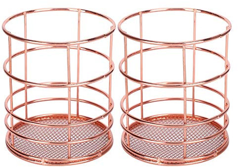 ANKROYU 2 Stück Stifthalter, runder Schreibtisch-Aufbewahrungskorb in Roségold, Schreibtisch-Make-up-Pinselhalter, Stift-Organizer, Make-up-Organizer aus Metallgeflecht