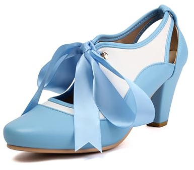 elerhythm Mary Jane Two Tone Lace Up Chiuso Punta Rotonda Vintage Tacchi Gatsby 1950 décolleté anni '20 vittoriane Retro Scarpe, Blu, 39 EU