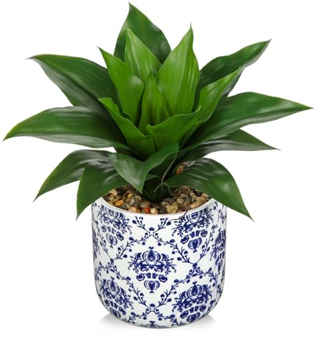 Oairse Artificial Agave Plant in Blue and White Ceramic Pot 10.6 Realistic Fake Plant Indoor Tropical Faux Greenery for Home Office Décor Bathroom Living Room Table Shelf Decoration