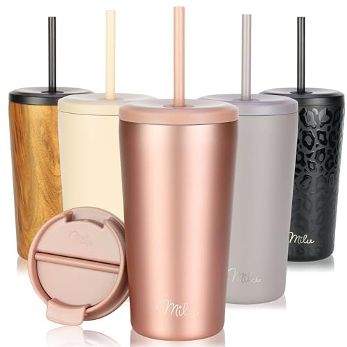 Milu Thermobecher 500ml - 100% Auslaufsicher - Edelstahl Kaffeebecher to go isoliert mit Strohhalm hält 10h heiß / 20h kalt, BPA-frei (Rose Gold, 500ml)