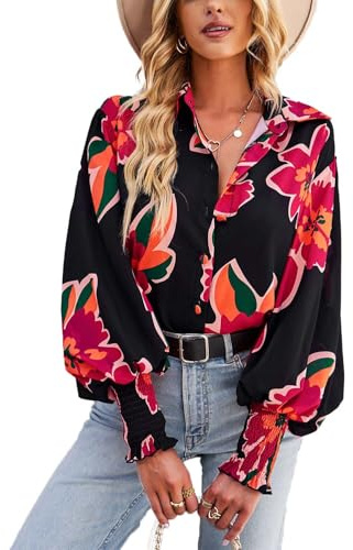 HUXRAKV Casual Imprimée Chemisier Femme Manche Longue Chic et Élégante Chemisier Boutonnée Fluide Hauts à Revers Manches lanternes Tops Automne Hiver,WD15-Rouge,XXL