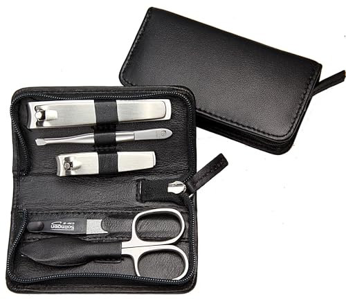 Sonnenschein by Hans Kniebes | Maniküre Set 5 teilig | Nagelschere, Nagelknipser, Nagelfeile, Pinzette | Edelstahl rostfrei | Nagelpflegeset Nappa-Schafleder Manicure Etui