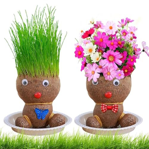 PENCHUAN Graskopf Wachsende, 2PCS Blumenkopf Graskopf Puppen Pflanze,Grasköpfe Puppenpflanze, Mini Bonsai Gras Kopf Figurm Blumenkopf Graskopf Bonsai Mit Tablett Topfpflanzen für Schlafzimmer