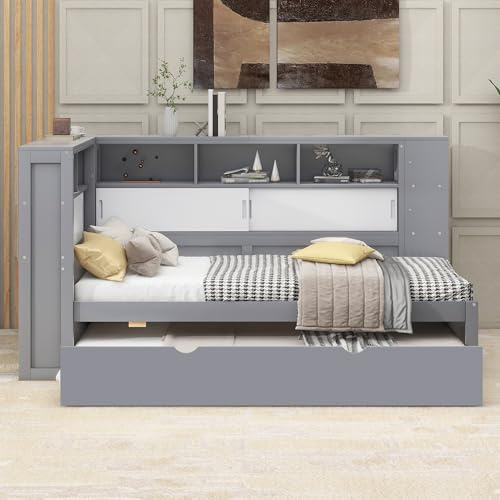 Kebnor Daybett, 90x200cm(90x190cm), Kinderbett, Tagesbett mit Ausziehbett, Schlafsofa, Spanplatte(Ohne Matratze) (Grau)
