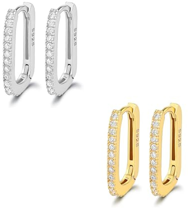 HinDaLi 2 par kreoler i 925 sterlingsilver för kvinnor, flickor, silvercreoler med kubisk zirkonia, glittrande fyrkantiga U-formade diamantörhängen, sovande brosk i guld