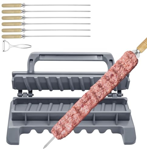 paxlloonge Prensa de plástico grande para hacer kebab con 6 pinchos de acero inoxidable y 1 pelador portátil Kabob pinchos barbacoa fácil de usar herramienta de saludo para deliciosos platos a la