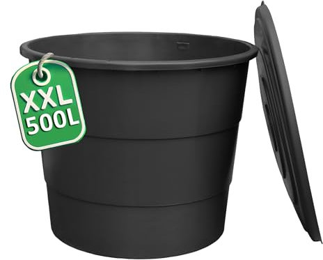 Ondis24 Barril de plástico XXL 500L con tapa, depósito de lluvia robusto y resistente a UV para riego, con indicador de nivel