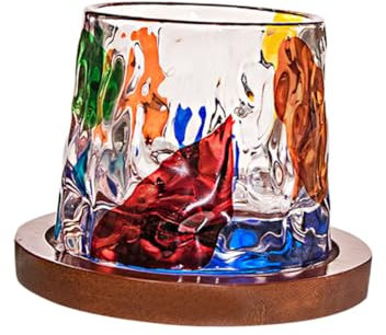 LAPYAPPE Vasos Whisky Giratorios de Vidrio con Base de Madera, Patrón en Relieve y Boca Engrosada, Adecuado para Aniversarios y Clubes Nocturnos