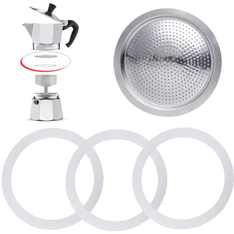 Joint pour machine à expresso 6 tasses, joint de rechange en silicone de qualité alimentaire, avec insert tamis en aluminium, joints d'étanchéité pour cafetière à moka, comprend 3 joints et 1 filtre