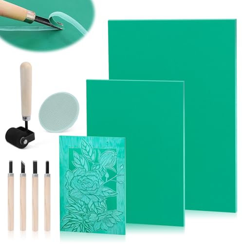 Nuyoah Linoldruck Set Linolschnitt Schnitzset Linolplatten A4 A5 A6 Linoleum Druck Set Stempelgummi Starter DIY Werkzeug Stempel Schnitzen Linol Platten Gummistempel Schnitzblöcke 9Stk