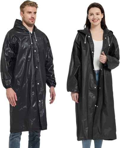 JITIFAZH 2 Pack Reusable Raincoat Rain Poncho with Hoods and Sleeves, Rain Jacket for men and women, Waterproof for Emergency, Hiking, Camping, Disney, Family festival, Outdoor (Black)