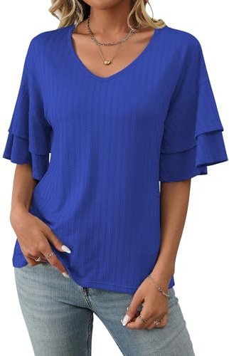 ASKSA Dam V-ringad T-shirt blusar och blusar kortärmad volangblus sommar topp dam chic och elegant, Färg: blå, XL