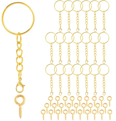 Portachiavi con catena, chiusura a moschettone, 70 pezzi, set di 35 portachiavi, 35 pin, anelli portachiavi da 25 mm, per chiavi fai da te, oro