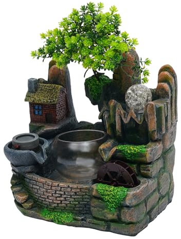 Zimmerbrunnen Steingarten Wasserfall,Desktop Tischbrunnen Indoor Ornament,Zen-Brunnen aus Polyresin mit LED Beleuchtung,Feng Shui Wheel Einladender Reichtum Springbrunnen