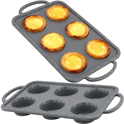 MUKSEUT 2 PCS Silicone Muffin Trays Metal Frame, 6 Cup Muffin Pan with with Handle, Non-Stick Yorkshire Pudding Tray, Jumbo Muffin Top Pan for Cake, Egg Bite, Grey