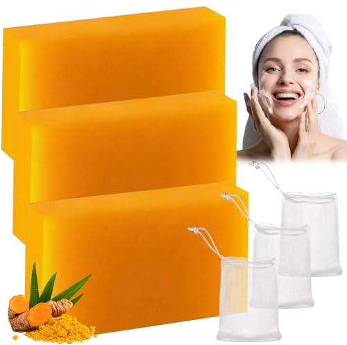 Kojisäure-Seife, Vitamin C Seifenstück, Kurkuma Seifenstück, Entferner dunkler Flecken für Gesicht und Körper, Feuchtigkeitsspendend Badeseife für Akne Mitesser Tiefenreinigung, mit Schaumnetz, 3x100g