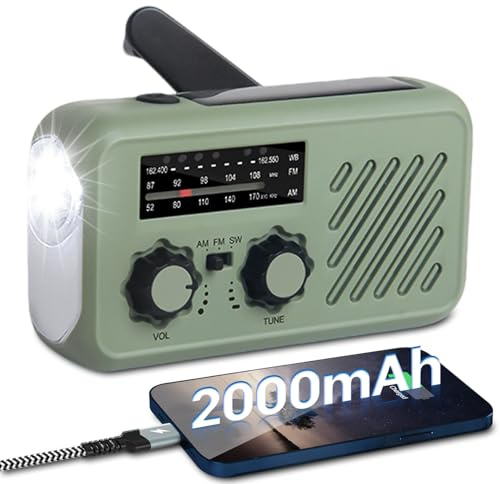 Petite Radio Portable, Radio d'urgence FM/AM avec Batterie Solaire Rechargeable et manivelle Dynamo avec Lampe de Poche LED, Batterie Externe 2000 mAh, Alarme SOS USB pour Camping en Plein air (Vert)