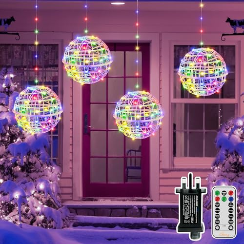 Ollny 4 Pack Christmas Ball Lights, Connectable Sphere Light with Plug Remote Mode Timer Dimmable IP67 Waterproof, Hanging Globe Lighting for Indoor Outdoor Holiday Xmas Tree Decoration (Multicolour)