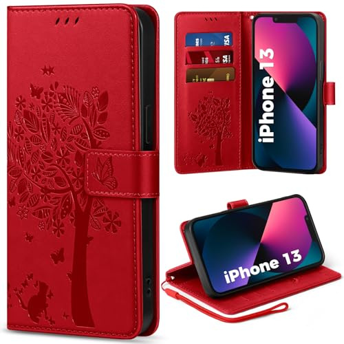 EASDNB Handyhülle für iPhone 13 Hülle Lederhülle Flip Wallet Case | 3 Kartenfächer, Magnet, Ständer, Premium Leder Prägung, Magnetic Closure, RFID Blockierung Klapphülle, Rot