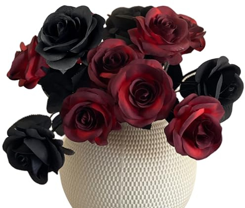 Hbbgdiy 12 Pezzi Fiori Artificiali gotici da 20 Pollici, Rose di Seta a Gambo Lungo Nero Rosso, Bouquet di Rose in Finto di Halloween per centrotavola Gotica, Decorazioni Floreali di Halloween