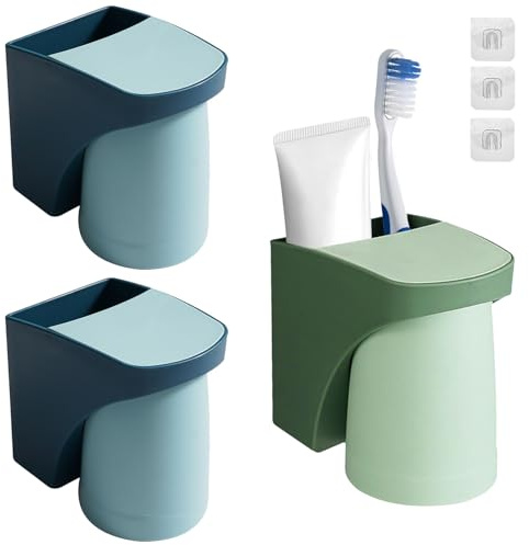 3er Set Zahnbürstenhalter Wandmontage - 2X Blau + 1x Grün, Spritzwassergeschützt mit Klebepad, Platzsparend für Bad & Gäste-WC