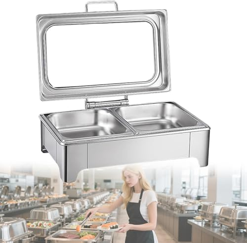 ZHIGUANYUN Chafing Dish Elettrico 9L Scaldavivande Buffet Elettrico con Coperchio in Vetro, Feste e Banchetti, Temperatura Regolabile (30-80℃) 9liters2grids