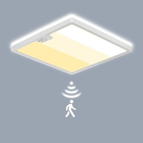 LEZOE Lámpara de techo LED con sensor de movimiento, 18W 2000lm, sensor PIR movimiento 3000K/4000K/6500K, para baño, garaje, escaleras, sótano, pasillo, balcón, recibidor, 22x22x2,5cm