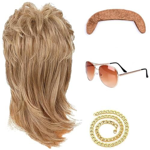 FiveMileBro Vokuhila Perücke Herren 4er Set in Braun, 80er Jahre Outfit Herren Perücken, Lustiges Retro Kostümzubehör für Karneval, 80er 90er Partys & Mottoparty