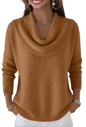 Gryvoilet Pull pour femme en tricot - Vêtements d'hiver décontractés - Pull ample - Mode d'automne - Col bénitier - Manches longues - Pull tendance, marron, Taille S