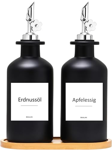 BIKALAN Essig und Ölflaschen Set, 350ml x 2 Ölflasche, Olivenöl Flasche Set, Ölspender, Automatisches Öffnen und Schließen Olivenöl Flasche, Sirup Spender mit 40 Aufkleber, Trichter (Silber, 350ml)
