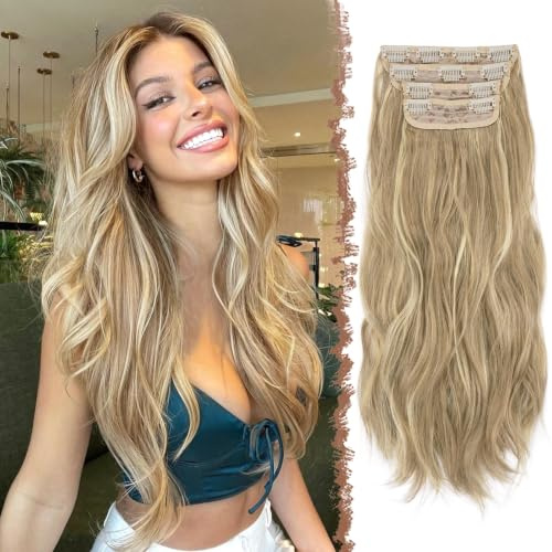 FESHFEN Clip in Extensions, 60cm 4 Stücke Lange Gewellte Hair Extensions Kunsthaar Natürliche 4PCs Synthetik Clip in Haarverlängerung für Frauen, Goldblond Highlights