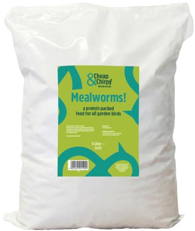 Cheap & Chirpy Dried Mealworms for Wild Birds, 5L Refill Bag | Single-ingredient dried mealworms for garden birds in a 5L refill bag.