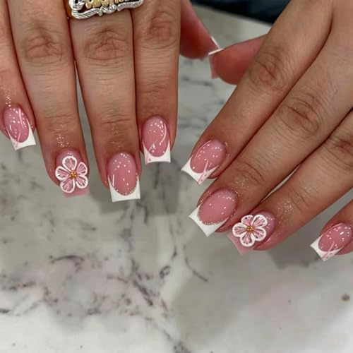 24pcs Short Square False Nails French Tip Press on Nails, 3D Flower Design | White Edge Nude Pink Stick on Nail Tips, Removable Glue-on Fake Nail Art Accessories for Women
