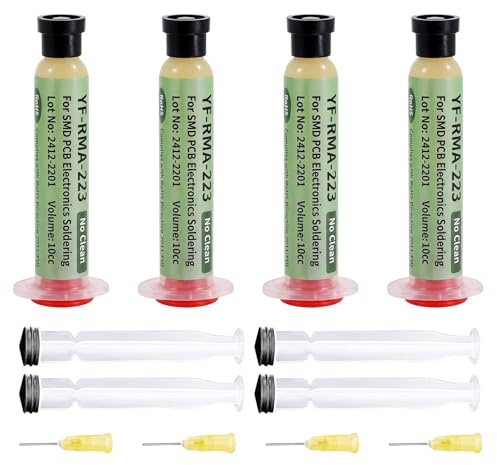 4 Piezas Flux para Soldar Estaño, 20g Pasta de Soldar Electrónica con Jeringa, Aguja y Varilla de Empuje, Flux de Resina RMA-223 para Reparación de SMD BGA PCB LED, Fundente Sin Limpieza