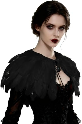 keland Damen Gothic Feder Umhang Capelet Stola Bolero Federkragen Federweste Schultertuch Schulterumhang Halloween Kostüm (Schwarz)