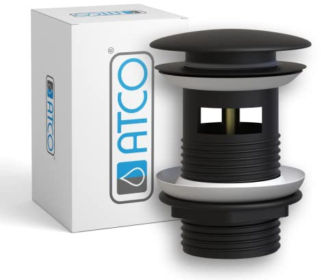 ATCO® Ablaufventil PU18 mit Überlauf Pop-Up Ventil Ablauf Ablaufgarnitur Stöpsel Excenter Exzenter Abfluss Waschtisch Waschbecken Siphon klick-Ventil schwarz
