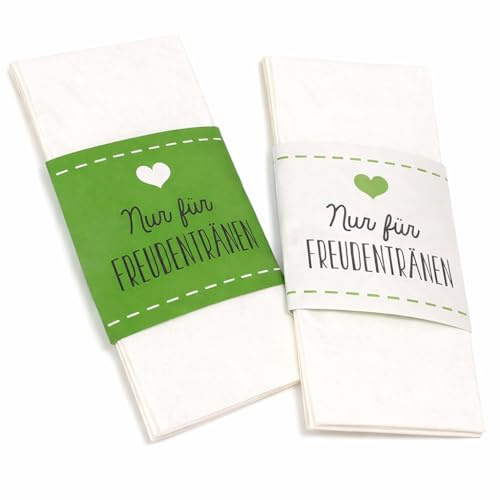 Hochzeitsshop Weddingtree 50 Freudentränen Banderolen Hochzeit grün weiß – Taschentuch Banderolen für Freudentränen – Hochzeitsdeko Kirche & Standesamt – Gastgeschenk Hochzeit