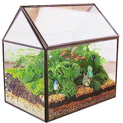 MINGZE Geometrisches Terrarium, Haus-Form, Glas, schließbar, Gewächshäuschen für Sukkulenten/Moos/Farn, mit Klappdeckel (Schwarz)