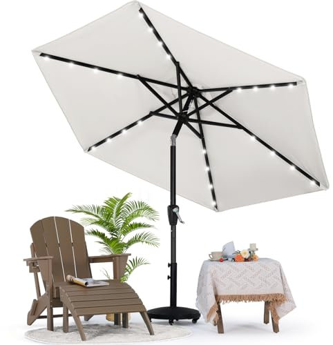 MasterCanopy 230 cm Sonnenschirm neigungsverstellbar, mit 24 Solar-LED, 6 Rippen und Kurbel, für Patio, Garten, Terrasse, Markt, Hellbeige