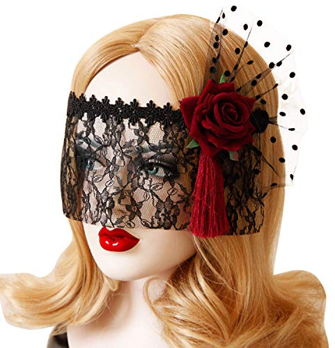 LONTG Vintage Spitze Stirnband mit Schleier Rose Blumen Spitzenmaske Cosplay Maskerade Party Augenmaske Halloween Karneval Fasching Kostüm Haarschmuck Damen Mädchen Schwarze Lace Haarband Kopfschmuck
