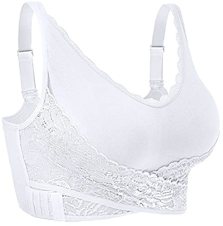 iClosam Womens Sports Bra Front Cross Side Buckle Push Up Bra Sexy V-Neck Lace Bralette Wireless Yoga Running Lounge Bra with Removable Pads M-XXXL White