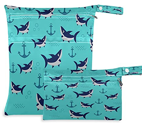2pcs windeltasche Wet bags Wasserdicht Ozean Anker Delfin Muster Nasstaschen wiederverwendbar Wasserdicht Waschbar Organizer Beutel für Kleinkind Windeln Reisen Gym Strand Pool